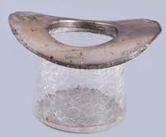 Régi krakléüveg asztaldísz fém peremezéssel, 14x12x9 cm