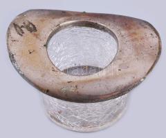 Régi krakléüveg asztaldísz fém peremezéssel, 14x12x9 cm