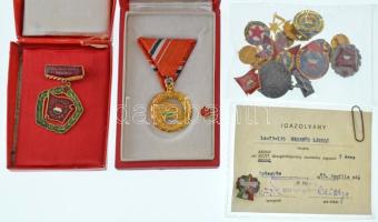 1976. "Kiváló Úttörővezető - Előre" aranyozott, műgyantűs kitüntetés mellszalagon, miniatűrrel tokban + hozzá tartozó Adományozási Igazolvány + 1983. "Törzsgárdajelvény bronz fokozata" viselésére jogosító igazolvány, miniatűrrel + DN(~1980) "Kiváló Ifjú Szakember" zománcozott fém jelvény + "A Vállalat Kiváló Brigádja - Szocialista Brigád" zománcozott bronz kitüntető jelvény tokban + 4xklf "Szocialista Brigád" jelvény + 2db miniatűr + "Kiváló Társadalmi Munkás" aranyozott fém kitüntető jelvény + "SZIT" zománcozott jelvény + "A Magyar Népköztársaság Úttörője" jelvény + "A Magyar Népköztársaság Kisdobosa" jelvény + "Magyar-Szovjet Baráti Társaság" műgyantás aranyozott jelvény T:AU-VF