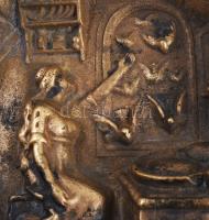 Régi bronz dísztál - lány galambokkal, 14x12 cm