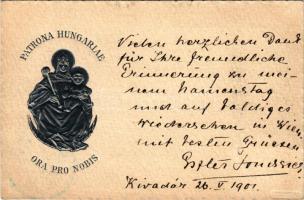 1901 Patrona Hungariae Ora Pro Nobis. Ezüstös dombornyomott lap. Morzsányi J. / Virgin Mary, Emb. (EK)