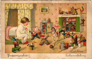 Puppenzauber, Zirkusvorstellung. B. Dondorf / Baba varázsló, cirkuszi előadás, gyerek művészlap / Children art postcard, circus performance. litho s: Pauli Ebner (fl)