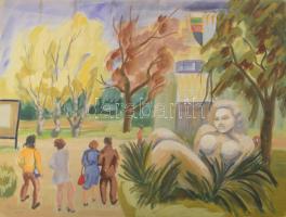 Pósfainé L. Kovács Júlia (1935-): Földanya "Gea" (Ajkai részlet járókelőkkel). Vegyes technika, kollázs, karton, jelzett. 50×70 cm