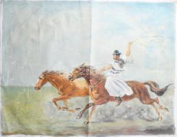 Selmeci Gusztáv jelzéssel: Száguldó lovak csikóssal. Olaj, vászon, sérült, vakráma nélkül, hajtva. 60×80 cm