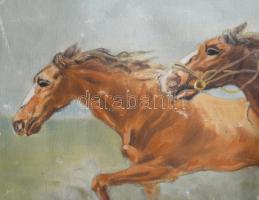 Selmeci Gusztáv jelzéssel: Száguldó lovak csikóssal. Olaj, vászon, sérült, vakráma nélkül, hajtva. 6...