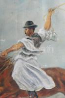 Selmeci Gusztáv jelzéssel: Száguldó lovak csikóssal. Olaj, vászon, sérült, vakráma nélkül, hajtva. 6...