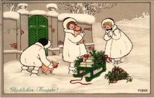 1910 Herzliche Neujahr! / Children New Year's art postcard. M. Munk Vienne Nr. 550. s: Pauli Ebner