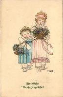 Herzliche Neujahrsgrüße! / Children New Year's art postcard. M. Munk Vienne Nr. 1129. s: Pauli Ebner (EB)