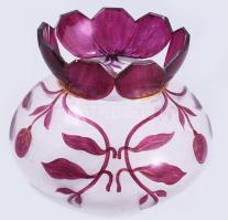 Lila virágos üveg váza. Kézzel festett, hibátlan d: 15 cm, m: 9 cm