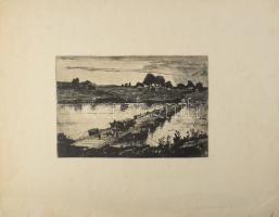 Gyimesi Lajos (1919-1997): Átkelés. Rézkarc, papír, jelzés nélkül. 19,5×29,5 cm