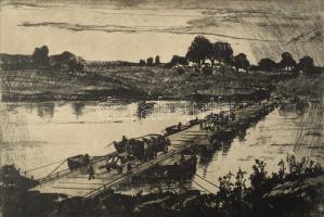 Gyimesi Lajos (1919-1997): Átkelés. Rézkarc, papír, jelzés nélkül. 19,5×29,5 cm