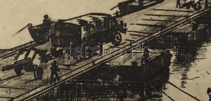 Gyimesi Lajos (1919-1997): Átkelés. Rézkarc, papír, jelzés nélkül. 19,5×29,5 cm