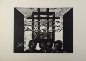 Klossy Irén (1943-): Baja, 1932. Linómetszet, papír, jelzett, apró lapszéli szakadással, 29,5x38,5 cm