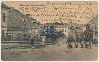 1912 Csíkszereda, Miercurea Ciuc; utcakép, üzletek, katonák. Szvoboda József kiadása. Biró József felvétele / street view, shops, soldiers (EM)