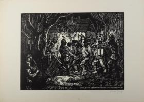 Palkó József (1919-2004): Kivégzések a Dömötör tanyán, Szikra, 1919. nov. 21. Linómetszet, papír, jelzett, 29×39 cm