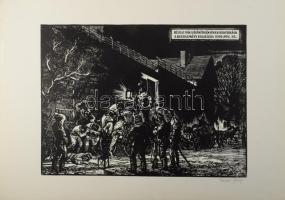 Palkó József (1919-2004): Héjjas Iván különítményének behatolása a kecskeméti fogházba, 1919. nov. 20. Linómetszet, papír, jelzett, 30×40 cm