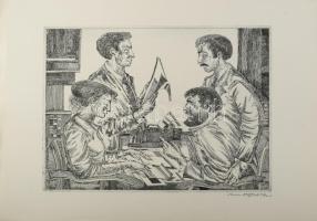 Weintrager Adolf (1927-1987): Molnár Erik felolvasó köre. Rézkarc, papír, jelzett, 29,5×39,5 cm