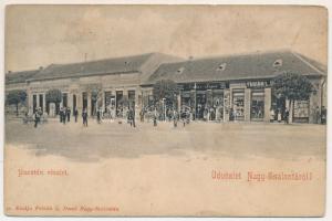 Nagyszalonta, Salonta; Piactér, Páyer Istvánné, Kovács O., B. Lajos, Fábián L. Dezső üzlete és saját kiadása / market square, shops (fl)