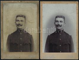 cca 1900 Török Imre m. kir. áll. rendőr 2 db szignózott keményhátú portréja Muschalek műterméből, foltokkal, 17×11 cm