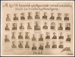 1944 M. kir. VII. honvéd gépkocsizó vonat osztály tiszti és tiszthelyettesi kara, tablófotó nevesített portrékkal, 17×23 cm