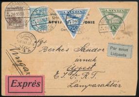 1936 Expressz légi levelezőlap Újpestre / Express airmail postcard to Hungary "RIGA-LIDPASTS"