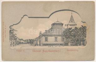 Nagyszalonta, Salonta; Váradi út, Csonkatorony, Weisz Mór és Társa üzlete. Reich Jakab kiadása / street, tower, shop (b)