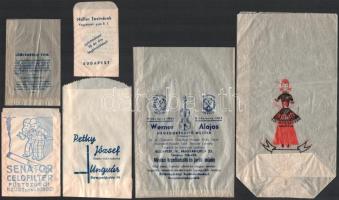 6 db reklámos papírzacskó (Müller Testvérek Vegyészeti Gyár Rt., Adriatica tea, Sanator Celofilter, Petky József Ungvár, stb.)