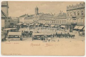 Brassó, Kronstadt, Brasov; Kornzeile, Schutzengel Apotheke / Búzasor, piaci árusok, Servatius &amp; Graef, Szentpéteri üzlete, Ortodox templom, Gyógyszertár. Römmler &amp; Jonas / street view with market vendors, shops, pharmacy, Orthodox church (felületi sérülés / surface damage)