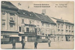 Temesvár, Timisoara; Belváros, Szent György tér, villamosok, Palagyi József üzlete, Országos Korona Takarékpénztár, Angol szabó áruház, látszerész, bőrgyári raktár, Lenz kávéháza / Innerstadt / Cetate, square, trams, shops, cafe, savings bank (fl)