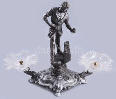 Kőműves szoborral díszített kéttálcás asztali kínáló összeállítás, 50x49 cm /// Two-tier table serving stand decorated with a mason statue, 50x49 cm