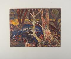 Fekete Esteban (1924-2009): Autó az erdőben. Színes fametszet, papír, jelzett, 30×40 cm