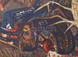 Fekete Esteban (1924-2009): Autó az erdőben. Színes fametszet, papír, jelzett, 30×40 cm