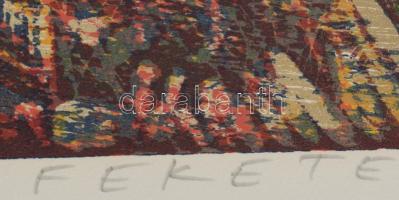 Fekete Esteban (1924-2009): Autó az erdőben. Színes fametszet, papír, jelzett, 30×40 cm