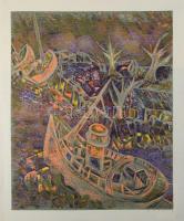 Fekete Esteban (1924-2009): Kikötő hajókkal. Színes fametszet, papír, jelzett, 55×45 cm