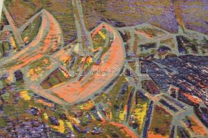 Fekete Esteban (1924-2009): Kikötő hajókkal. Színes fametszet, papír, jelzett, 55×45 cm