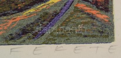 Fekete Esteban (1924-2009): Kikötő hajókkal. Színes fametszet, papír, jelzett, 55×45 cm