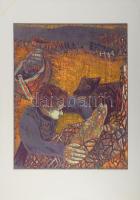 Fekete Esteban (1924-2009): Halász kutyával. Színes fametszet, papír, jelzett, számozott (78/100). Bal felső sarkában ázásnyommal. 55×45 cm