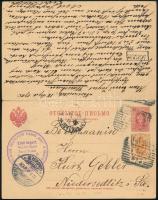 1905 Díjjegyes válaszos levelezőlap Varsóból Németországba, a válaszlap 2 db német bélyeggel felhasz...