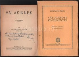 2 db dedikált verseskötet: Radó Ernő: Valakiknek. - - versei az ellenállási mozgalom idejéből. Bp., 1945, Szociáldemokrata Párt Nevelői Csoport Somogyi Béla Emlékbizottsága, 15+(1) p. Kiadói tűzött papírkötés. + Horváth Ákos válogatott költeményei. Havas István előszavával. Bp., 1936, Kir. M. Egyetemi Nyomda, 111+(1) p. Kiadói papírkötés.