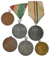1955-1979. Vegyes, 6db-os sportérem tétel, közte 1955. "B. T. S. B. Tanács Kupa - KER. I. O. FFI. III." kétoldalas fém Kézilabda díjérem mellszalagon, "ARKANZAS BP" gyártói jelzéssel T:VF, patina