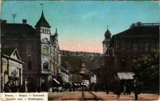 1917 Brassó, Kronstadt, Brasov; Klostergasse / Kolostor utca, üzletek / Strada Vamii / street, shops (EK)
