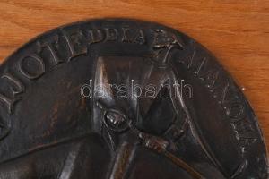 Olcsai Kiss Zoltán (1895-1981): Don Quijote. Bronz plakett falemezre rögzítve, d:15,5 cm, 26×21 cm