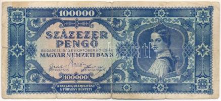 1945. 100.000P kék színű, zöld "MNB" bélyeg nélkül, de a bélyeg nyoma kivehető, "M 029 011217" T:VG / Hungary 1945. 100.000 Pengő blue color, without green "MNB" stamp but with the visible gluemark of the stamp, "M 029 011217" C:VG Adamo P24e