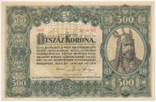 1920. 500K "Orell Füssli Zürich" "MINTA" perforációval és piros "000 000000" sorozat- és sorszámmal T:AU felső él mentén kis beszakadás / Hungary 1920. 500 Korona with "MINTA (SPECIMEN)" perforation and with red "000 000000" serial number C:AU small tear on the upper edge Adamo K33M1a