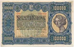 1923. 100.000K "Orell Füssli Zürich", "MINTA" perforációval, piros "000 000000" számozással T:XF / Hungary 1923. 100.000 Korona "Orell Füssli Zürich", "MINTA (SPECIMEN)" perforated, red "000 000000" serial number C:XF Adamo K46M1a