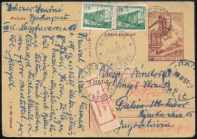 1957 Ajánlott díjjegyes levelezőlap Palicsfürdő munkatáborba, továbbküldve Macedóniába majd visszakü...