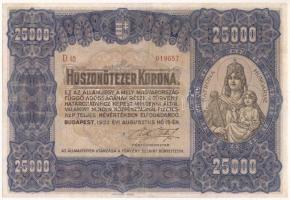 1922. 25.000K "Orell Füssli Zürich" gyapotrostszálas papír "D 42 019657" T:F restaurált / Hungary 1922. 25.000 Korona "Orell Füssli Zürich" "D 42 019657" C:F restored Adamo K43, Krause P#69