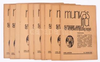 1932 Munkásifjú, a magyar iparos és kereskedő ifjúság lapja teljes VI. évfolyama (12 db), 1932. január-december, szerk.: Perr Gyula, kiadói tűzött papírkötés, nagyrészt jó állapotban.