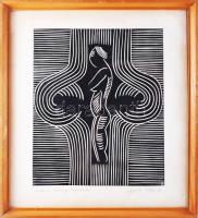 Olvashatatlan jelzéssel (...János), működött a XX. sz. második felében: Madonna keresztje, 1986. Linómetszet, papír, üvegezett fakeretben, 33×27,5 cm
