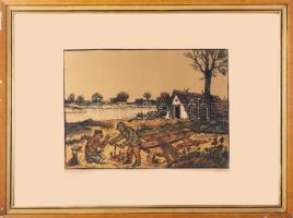 Gácsi Mihály (1926-1987). Ladik foltozás. Színes linómetszet, papír. Jelzett. Üvegezett, sérült fakeretben, 25×34 cm